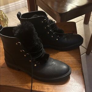 Ralph Lauren Black Fur-Trimmed Combat Boots new